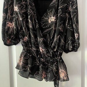 Joie Black Wrap Blouse with Blush Pink Floral Print
